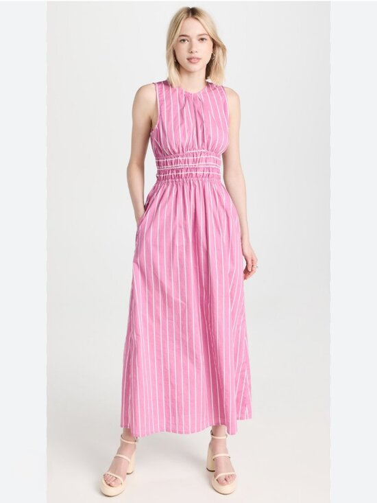 Faithfull the Brand Dresses & Skirts - Faithfull The Brand Pink Stripe Smocked Waist Midi Dress Size L Open Back Tie